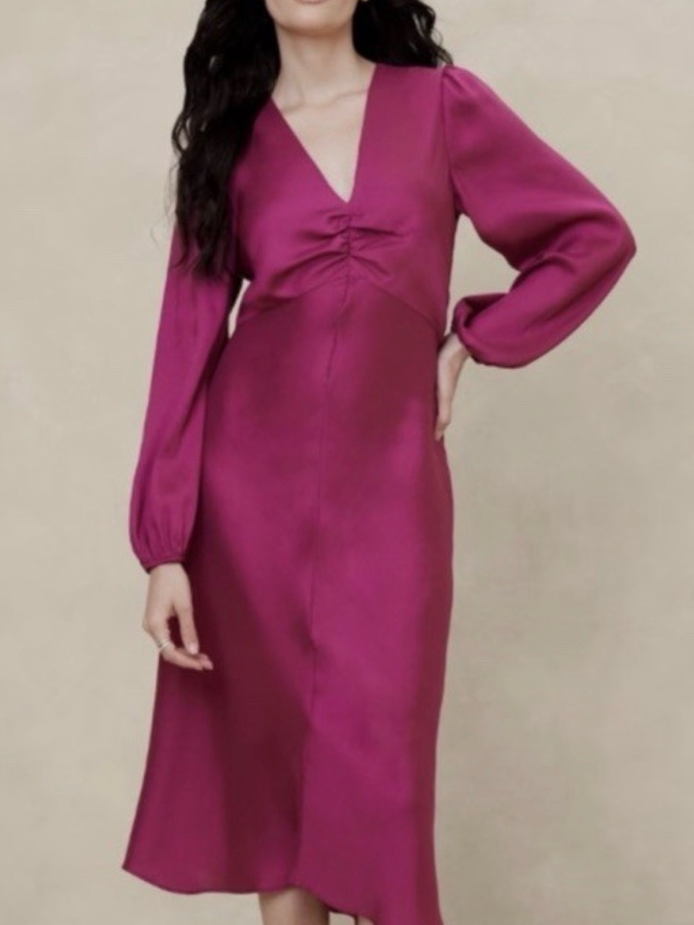 Banana Republic Magenta V-Neck Long Sleeve Midi Dress